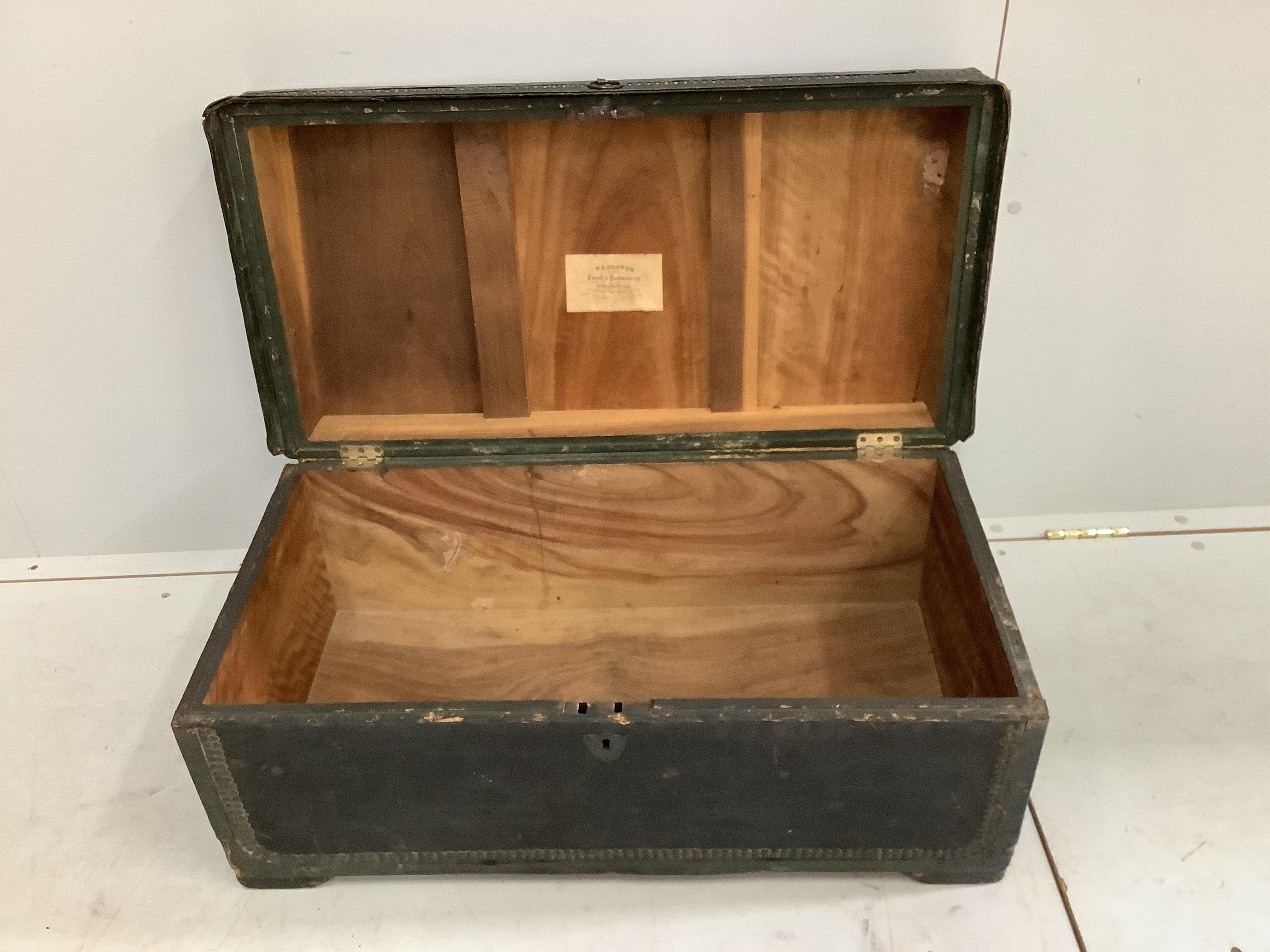 A 19th century brass mounted leather covered rectangular camphorwood trunk, width 75cm, depth 39cm, height 33cm